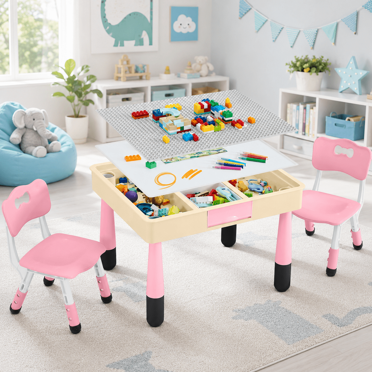 DOREROOM Kids 3-Piece Storage Activity Table and Chair Set, Pink