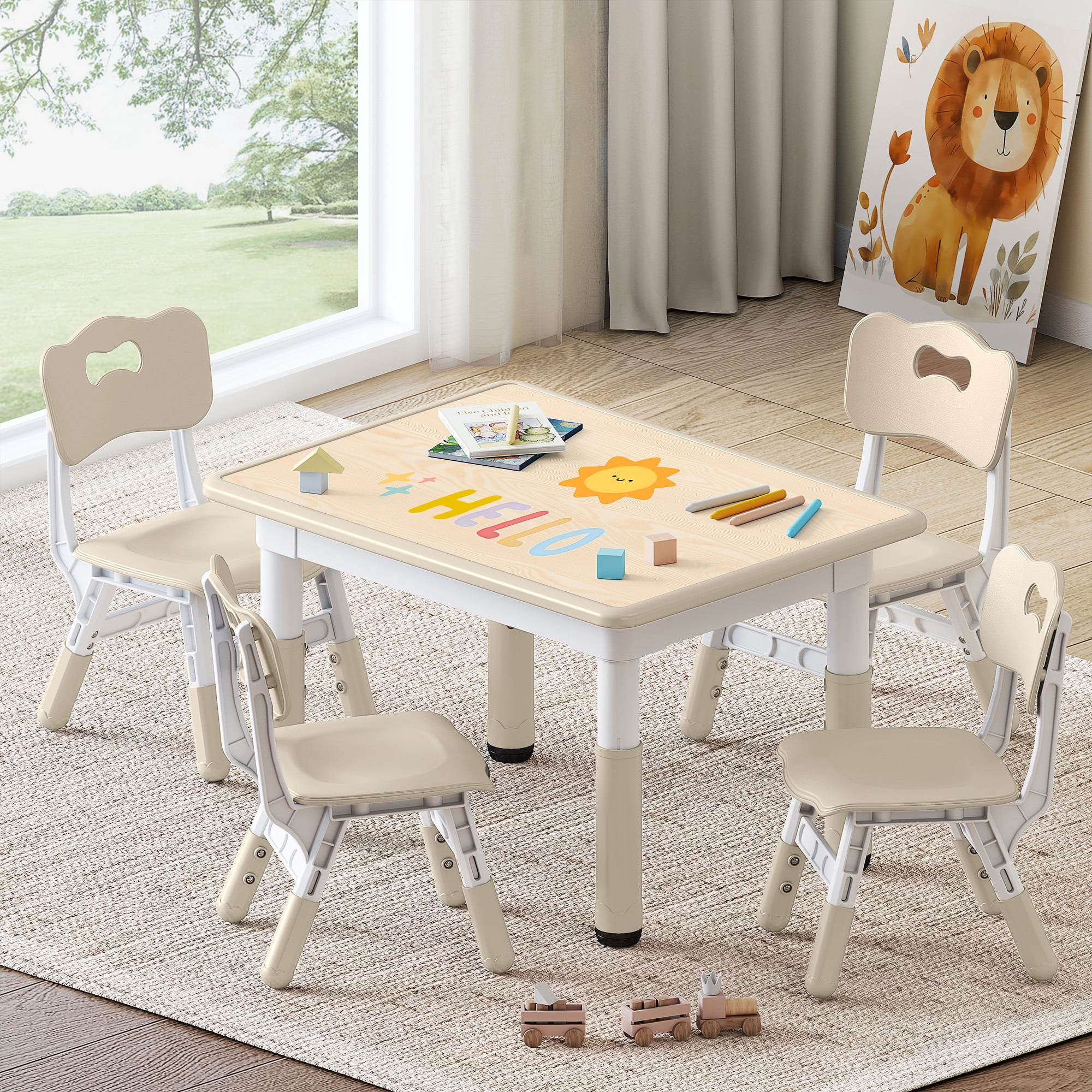 DOREROOM Height-Adjustable Kids Table and 4 Chairs Set, Graffiti Desktop, 31.5''L x 23.6''W Children Activity Table for Daycare, Classroom, Home