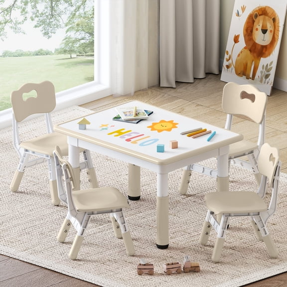 DOREROOM Height-Adjustable Kids Table and 4 Chairs Set, Toddler Table and Chair Set with Graffiti Desktop, 31.5''L x 23.6''W Children Activity Table for Daycare, Classroom, Home