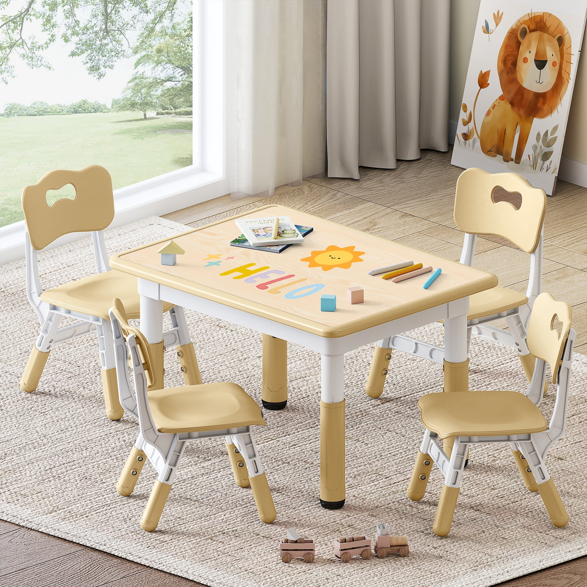 DOREROOM Height-Adjustable Kids Table and 4 Chairs Set, Toddler Table and Chair Set with Graffiti Desktop, 31.5''L x 23.6''W Children Activity Table for Daycare, Classroom, Home