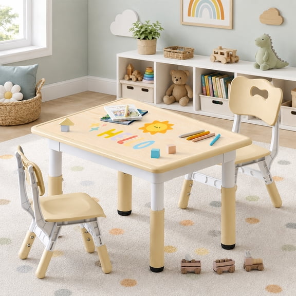 DOREROOM Kids Table and 2 Chairs Set, Height-Adjustable Toddler Table and Chair Set with Graffiti Desktop, 31.5''L x 23.6''W Children Activity Table for Daycare, Classroom, Home