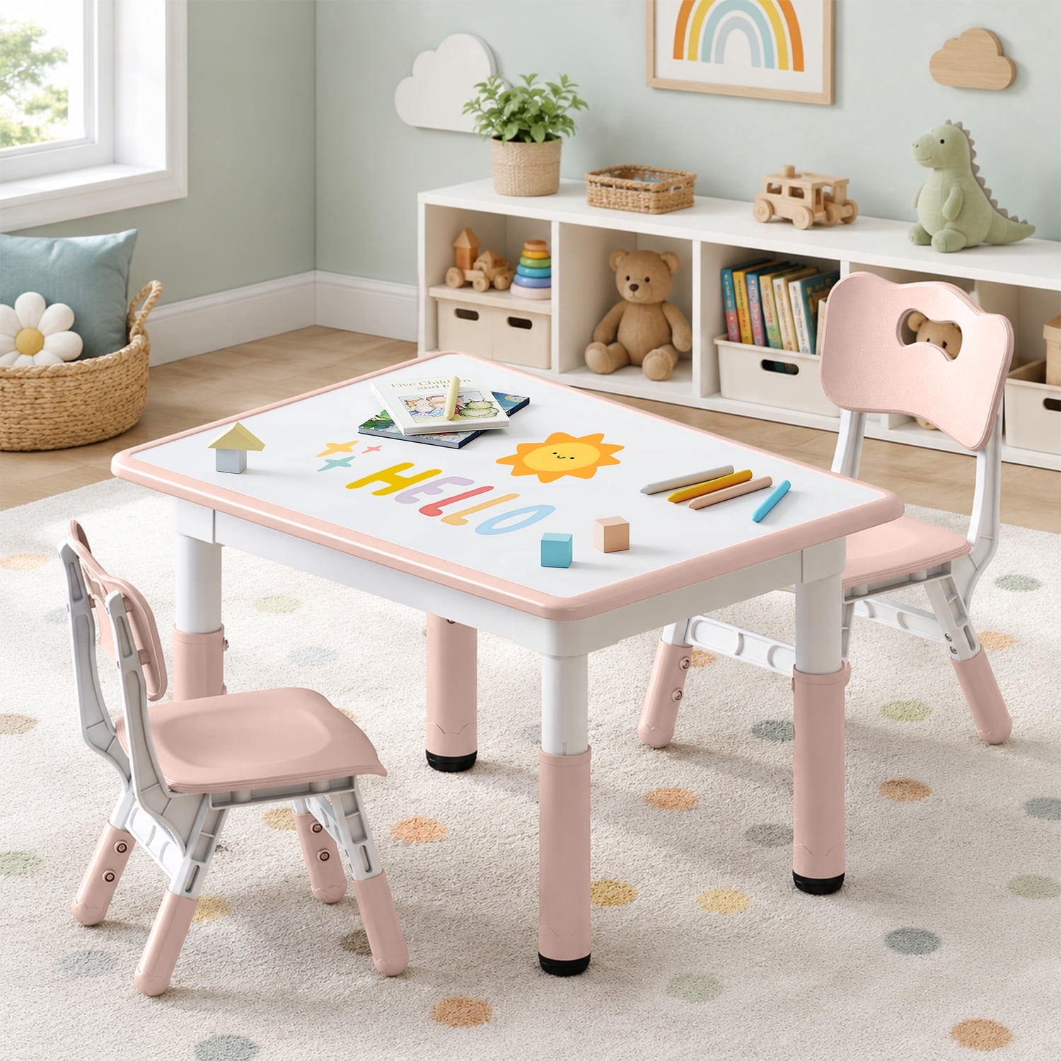 DOREROOM Kids Table and 2 Chairs Set, Height-Adjustable Toddler Table and Chair Set with Graffiti Desktop, 31.5''L x 23.6''W Children Activity Table for Daycare, Classroom, Home