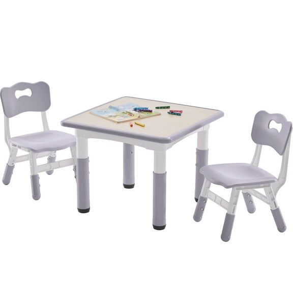 DOREROOM Kids Table and 2 Chairs Set, Height-Adjustable Toddler Table and Chairs Set with Graffiti Desktop, 23.6''L x 23.6''W Children Activity Table for Daycare, Classroom, Home
