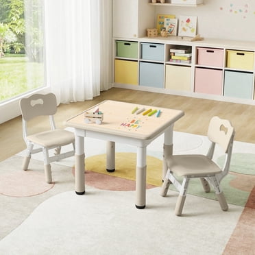 DOREROOM Kids Table and 2 Chairs Set, Height-Adjustable Toddler Table and Chairs Set with Graffiti Desktop, 23.6''L x 23.6''W Children Activity Table for Daycare, Classroom, Home