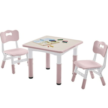 DOREROOM Kids Table and 2 Chairs Set, Height-Adjustable Toddler Table and Chairs Set with Graffiti Desktop, 23.6''L x 23.6''W Children Activity Table for Daycare, Classroom, Home