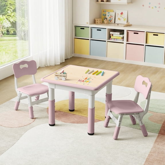 DOREROOM Kids Table and 2 Chairs Set, Height-Adjustable Toddler Table and Chairs Set with Graffiti Desktop, 23.6''L x 23.6''W Children Activity Table for Daycare, Classroom, Home