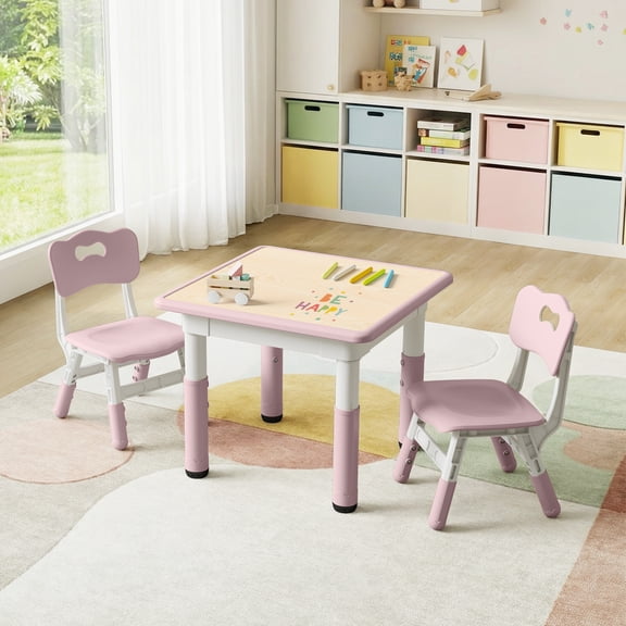 DOREROOM Kids Table and 2 Chairs Set, Height-Adjustable Toddler Table and Chairs Set with Graffiti Desktop, 23.6''L x 23.6''W Children Activity Table for Daycare, Classroom, Home