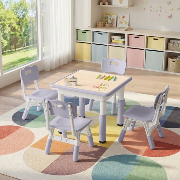 DOREROOM Kids Table and 4 Chairs Set, Height-Adjustable Toddler Table and Chairs Set with Graffiti Desktop, 23.6''L x 23.6''W Children Activity Table for Daycare, Classroom, Home