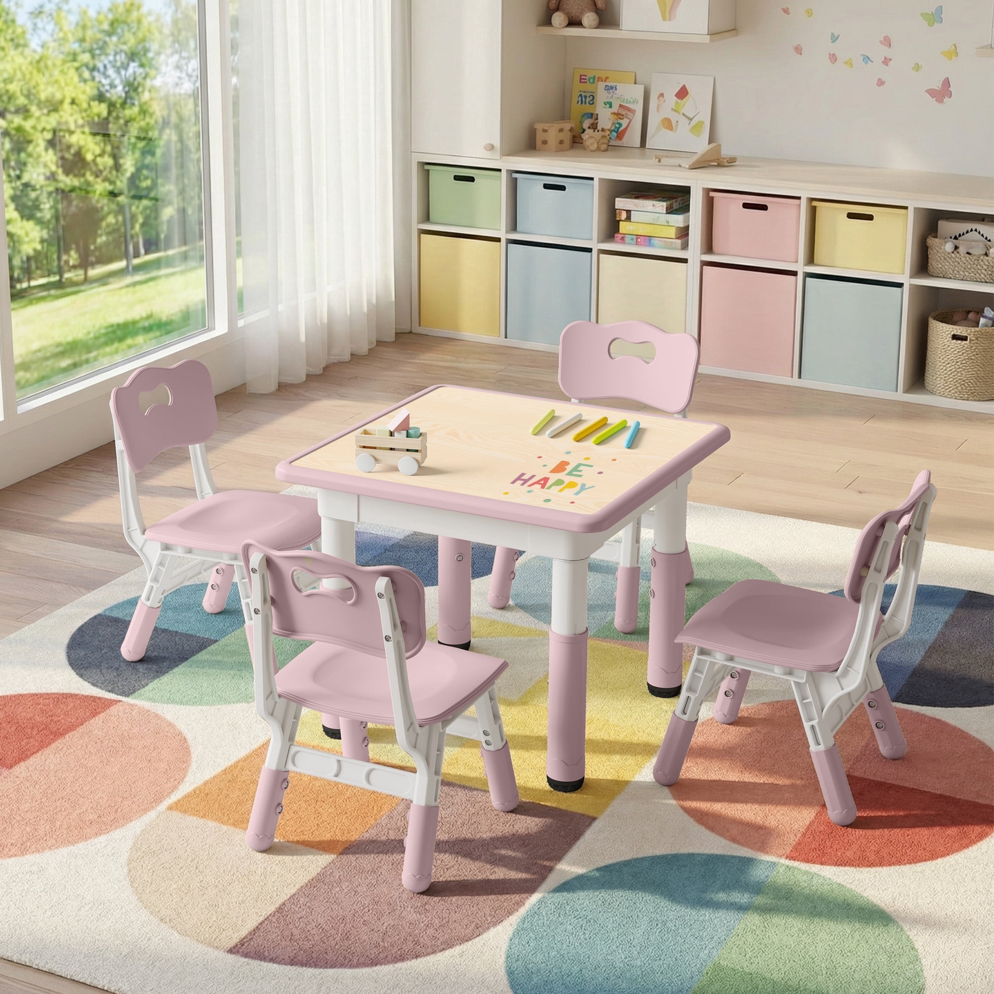 DOREROOM Kids Table and 4 Chairs Set, Height-Adjustable Toddler Table ...