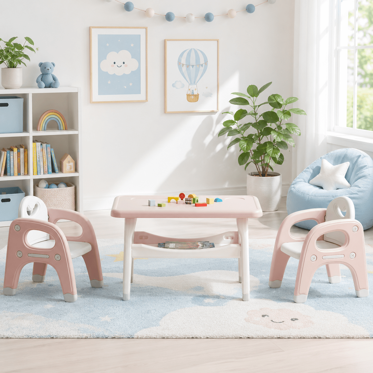 DOREROOM Kids Table and Chair Set, Plastic Children Activity Table with 2 Chairs, Toddler Table and Chair Set for Reading, Drawing, Snack Time, Arts Crafts, Preschool, Gift for Boys Girls