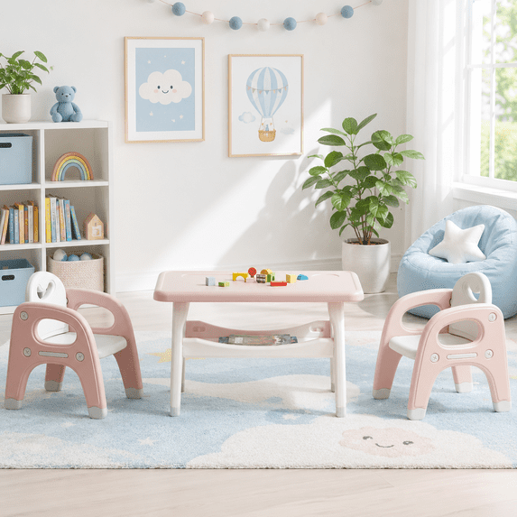 DOREROOM Kids Table and Chair Set, Plastic Children Activity Table with 2 Chairs, Toddler Table and Chair Set for Reading, Drawing, Snack Time, Arts Crafts, Preschool, Gift for Boys Girls