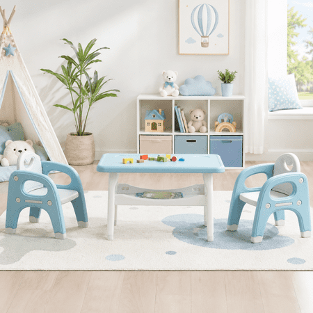 DOREROOM Kids 3-Piece Waterproof Activity Table and Chair Set, Blue