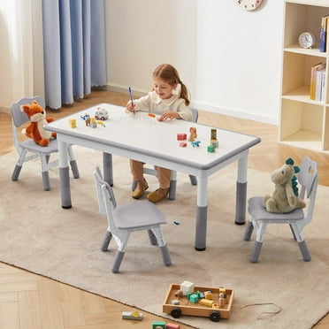 DOREROOM Toddler Table and Chairs Set for 4, 47.2''L x 23.6''W Kids Study Table and Chair Set, Height-Adjustable, Graffiti Desktop, Children Activity Table for Daycare, Classroom, Home