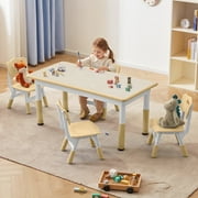 DOREROOM Toddler Table and Chairs Set for 4, 47.2''L x 23.6''W Kids Study Table and Chair Set, Height-Adjustable, Graffiti Desktop, Children Activity Table for Daycare, Classroom, Home