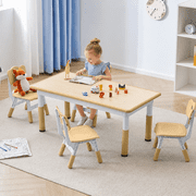 DOREROOM Toddler Table and Chairs Set for 4, 47.2''L x 23.6''W Kids Study Table and Chair Set, Height-Adjustable, Graffiti Desktop, Children Activity Table for Daycare, Classroom, Home