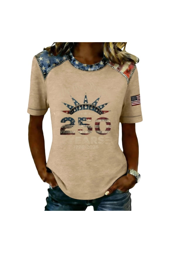 250th Anniversary Shirts Short Sleeve American Birthday Usa Star Stripes T Shirts Crew Neck Causal Denim Trim T-Shirts 2026 Liberty 250th Anniversary National Flag Print Tops Beige L