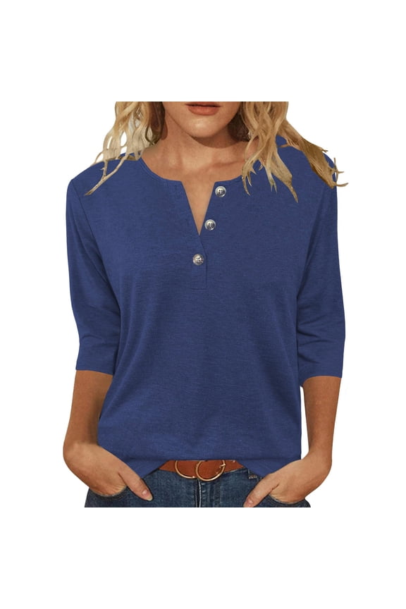 3/4 Length Sleeve Womens Tops V Neck Button Down Beach Tops Loose Fit Casual Summer Shirts Solid Color Trendy 2026 T-Shirts Navy S