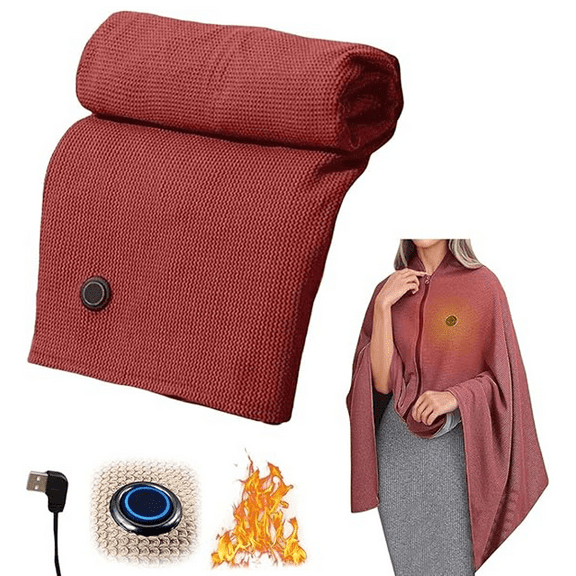 DORKASM Battery Operated Heated Shawl for Women, Portable Heated Shawl Wraps & Blanket with USB Charging, Rechargeable Cordless Wearable Heating Pad with 3 Heat Settings Red 30*70