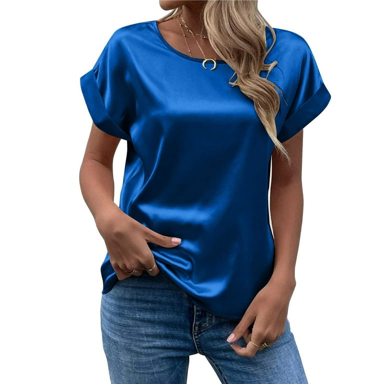 DORKASM Blouses for Women Short Sleeve Satin Silk T-Shirts 4xl Clearance  Work Tops Henley Summer Clothes Loose Dressy Tops Plus Size Blue S