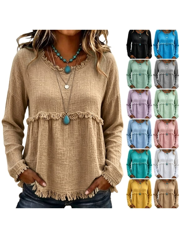 Boho Tops for Women Long Sleeve Vintage Fashion Shirt Crew Neck Raw Hem Gauze 2026 Soft Blouse Fall Frayed Casual Clothes Khaki L