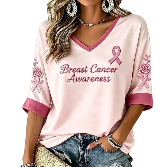 DORKASM Breast Cancer Shirts for Women 3/4 Sleeve Hope Love Wings Shirt V Neck Pink Ribbon Travel Cancer Survivor Shirts Breast Cancer Awareness Comfy Tops Pink L