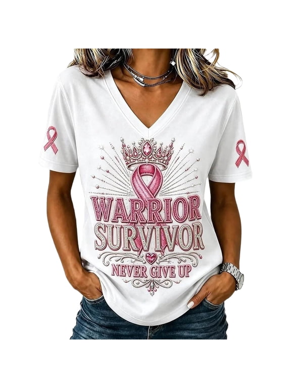 Breast Cancer Shirts for Women Short Sleeve Hope Love Wings Tee V Neck Pink Ribbon Comfy Breast Cancer Awareness Shirts Cancer Survivor Comfy Shirt White S
