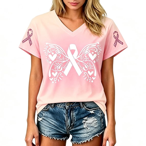 DORKASM Breast Cancer Shirts for Women V Neck Breast Cancer Awareness Shirts Short Sleeve Cancer Survivor Lounge Gifts Tshirt Pink Ribbon Fashion Tops Pink XL