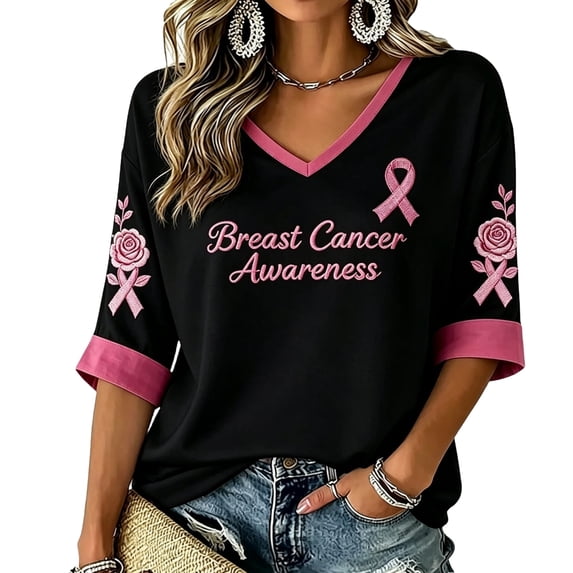 DORKASM Breast Cancer Shirts for Women V Neck Breast Cancer Awareness Tops 3/4 Sleeve Gifts Lounge Pink Ribbon Tshirt Hope Love Wings Comfy Shirts Black 3XL