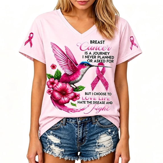 DORKASM Breast Cancer Shirts for Women V Neck Cancer Survivor Tshirt Short Sleeve Breast Cancer Awareness Casual Gifts Tee Hope Love Wings Travel Shirt Watermelon Red 2XL