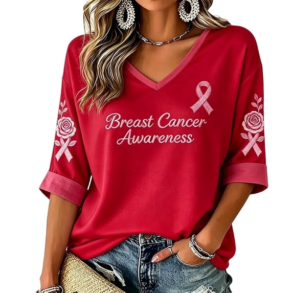 DORKASM Breast Cancer Shirts for Women V Neck Gifts Tee 3/4 Sleeve Breast Cancer Awareness Comfy Hope Love Wings Shirt Pink Ribbon Trendy Shirts Red 3XL