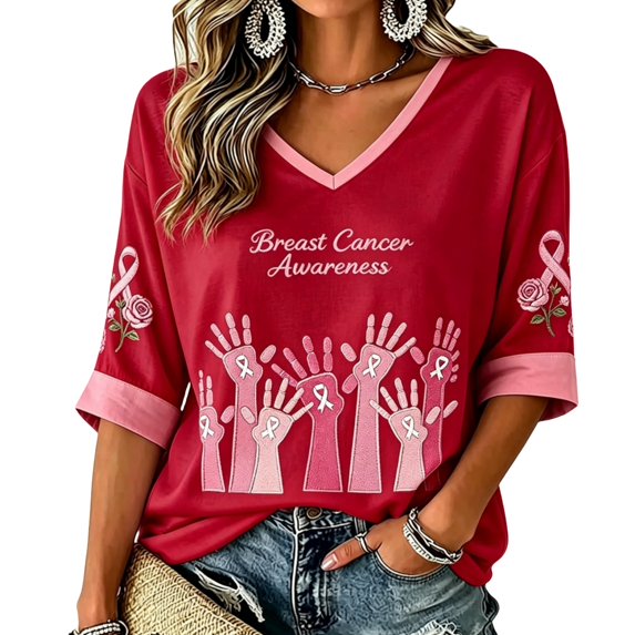 DORKASM Breast Cancer Shirts for Women 3/4 Sleeve Pink Ribbon Tee V Neck Hope Love Wings Lounge Gifts Shirts Cancer Survivor Comfy Tops Red M