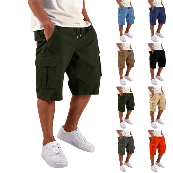 DORKASM Cargo Shorts for Men Elastic Waist Drawstring Comfy Bermuda Shorts Knee Length Beach Cotton Twill Summer Shorts Stretch Fashion Hiking Shorts with Pockets Army Green S