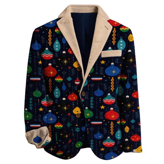 DORKASM Christmas Blazer for Men Lapel All‑over Christmas Print Jacket Long Sleeve Pine Cone Print Jackets Fall Winter Comfy Ornament Print Coats Navy S