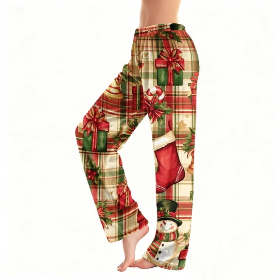 DORKASM Christmas Pajama Pants for Women Elastic Waist Wide Leg Trousers Cozy Snowman Print Pants Winter Baggy Candy Cane Print Pajama Beige M