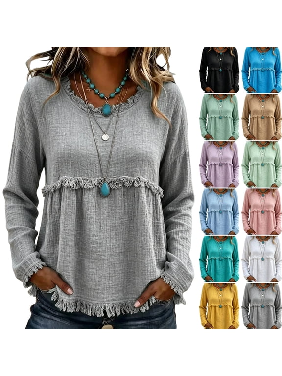 Cotton Boho Tops for Women Long Sleeve Vintage Flowy Shirts Crew Neck Frayed Raw Hem Fall Soft Tops 2026 Gauze Casual Clothes Gray L