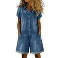 thumbnail image 1 of DORKASM Denim Romper for Women Short Sleeve Jean Jumpsuit Button Down Loose Fit Casual Cotton Denim Outfit Wide Leg Blue 2XL, 1 of 6