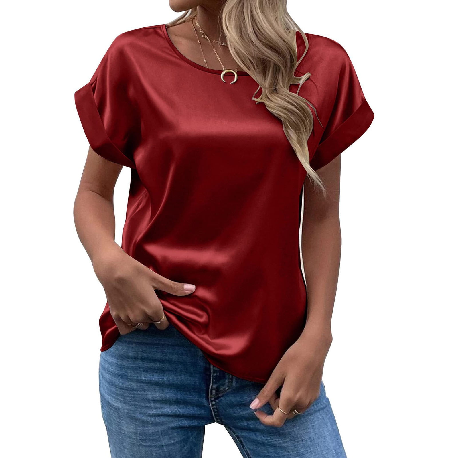 DORKASM Ladies Tops and Blouses 3/4 Sleeve Satin Silk Short Sleeve Tee  Shirts Clearance Plus Size V neck Clothes Spring 2023 Loose Summer  Tops Beige XL 