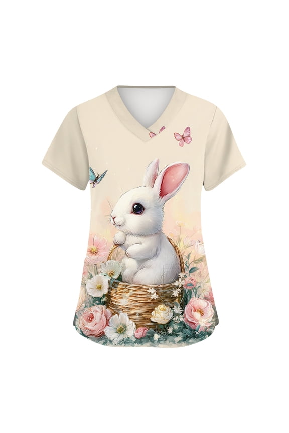Easter Ladies Scrubs T Shirt Bunny V Neck Funny Scrub Tshirt Spring Trendy Eggs Medcial Shirts Top Plus Size Graphic PocketsShort Sleeve Workwear Tops Watermelon Red XL