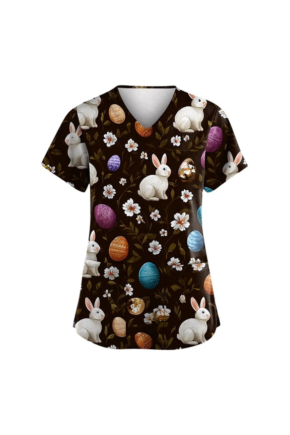 Easter Ladies Scrubs T Shirt Eggs Short Sleeve Bunny Scrub Tshirt Plus Size Floral Spring Medcial Shirts Top Funny PocketsCasual V Neck Workwear Tops Black M