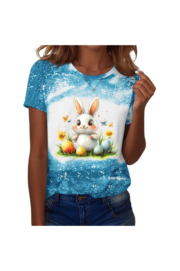 Easter Ladies Shirt Bunny Crew Neck Funny Tshirts Spring Casual Plus Size Clothing Eggs Graphic Short Sleeve Top Blue S