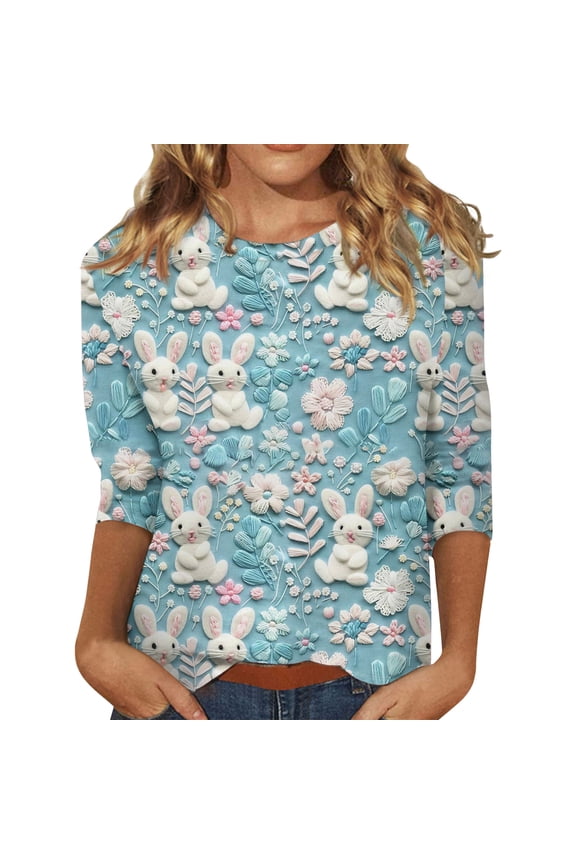 Easter Ladies Shirt Eggs 3/4 Sleeve Plus Size Shirts Spring Graphic Bunny Clothing Funny 2026 Crew Neck Tee Yellow L