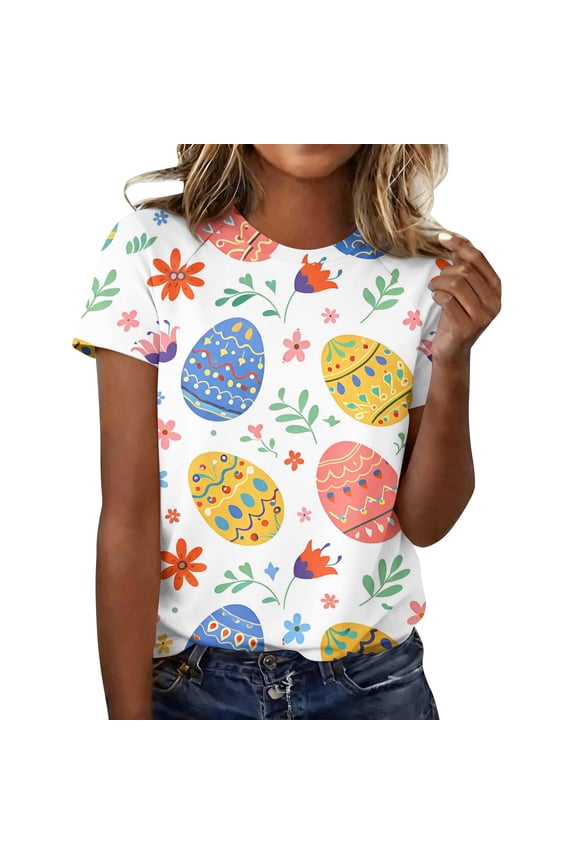 Easter Ladies Shirt Funny Short Sleeve Spring Shirts Plus Size Fashion Eggs Tee Bunny Trendy Crew Neck Tops Yellow XL