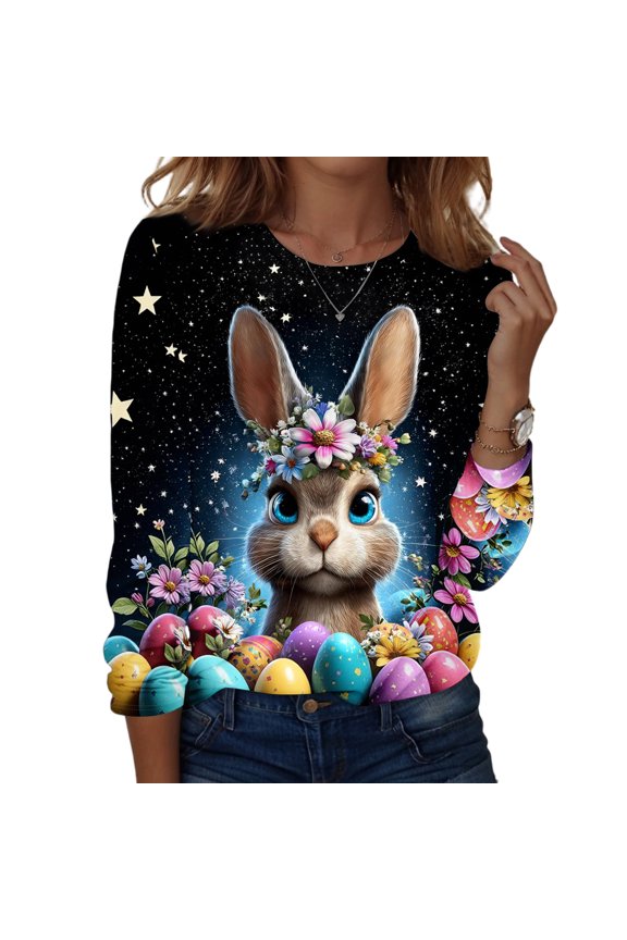 Easter Ladies Shirt Plus Size Long Sleeve Funny Shirts Eggs Floral Bunny Top Spring Cute Crew Neck Tops Black 3XL