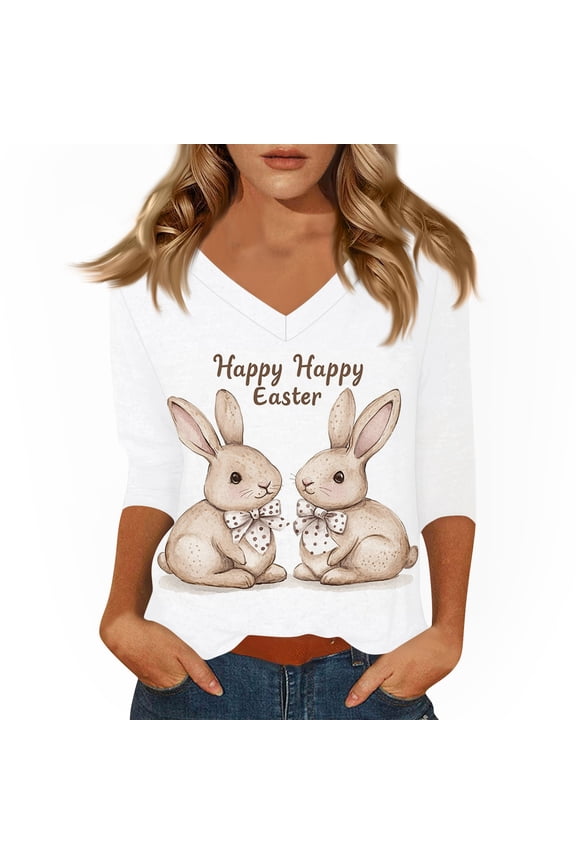 Easter Ladies Shirt Spring 3/4 Sleeve Eggs Shirts Bunny Graphic Funny Clothing Plus Size 2026 V Neck Tee White 2XL