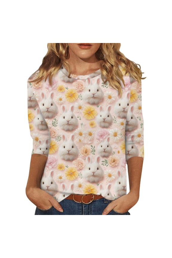 Easter Ladies Shirts Eggs 3/4 Sleeve Bunny Shirt Spring Casual Funny Tops Plus Size Graphic Crew Neck Top Pink 2XL