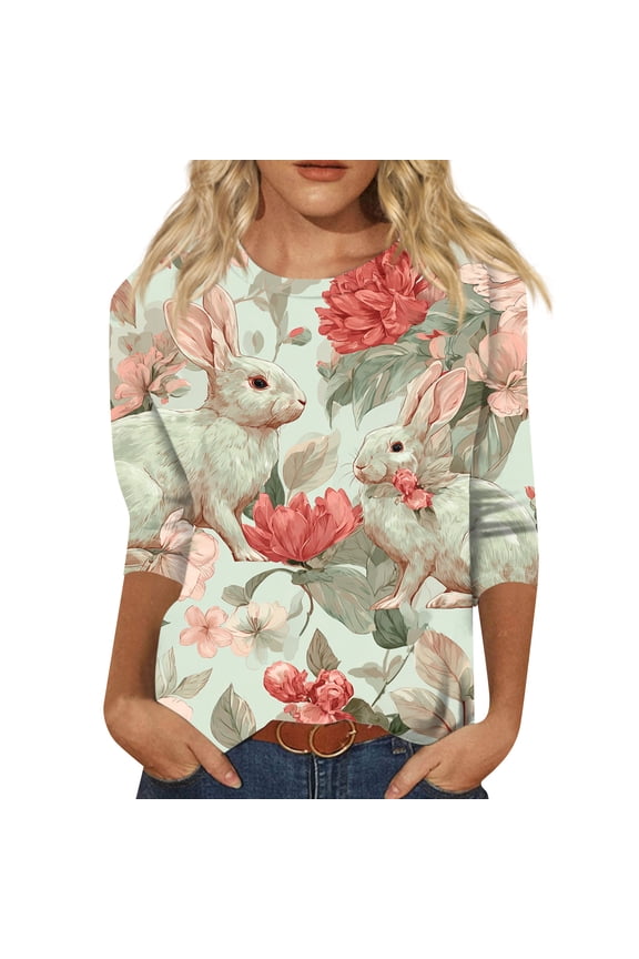 Easter Ladies Shirts Eggs 3/4 Sleeve Plus Size T Shirts Funny Graphic Spring Tops Bunny 2026 Crew Neck Tee Mint Green M