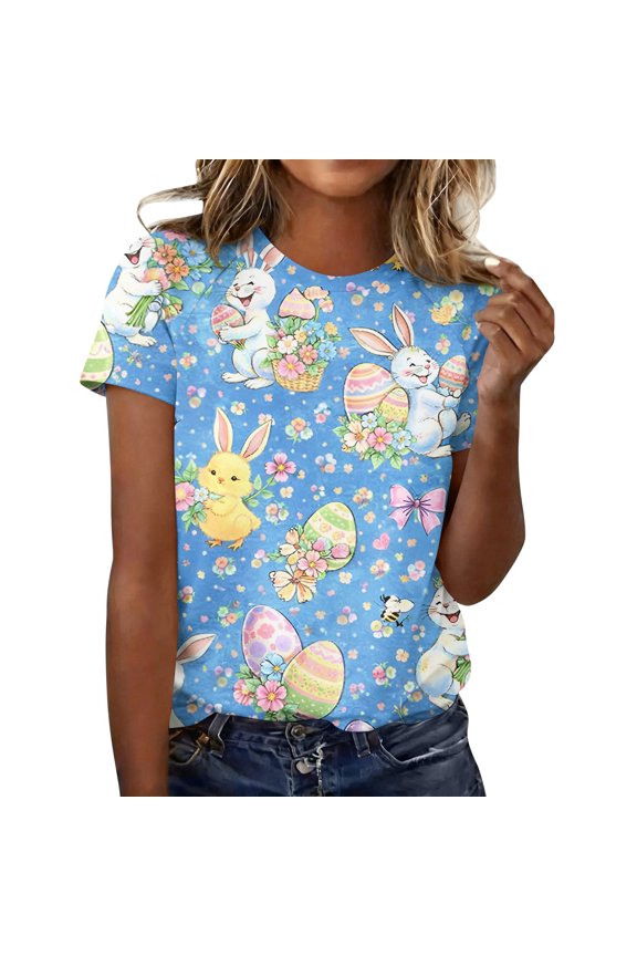 Easter Ladies Shirts Eggs Crew Neck Funny T Shirts Spring Floral Plus Size Tees Bunny 2026 Short Sleeve Top Blue S