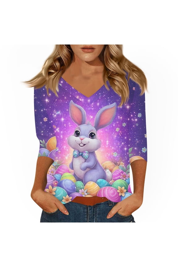 Easter Ladies Shirts Funny 3/4 Sleeve Spring T Shirt Plus Size Graphic Bunny Tops Eggs Casual V Neck Tees Purple S