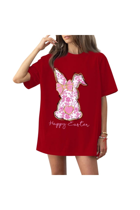 Easter Ladies Shirts Funny Crew Neck Bunny Tshirt Spring Graphic Eggs Blouses Plus Size 2026 Short Sleeve Clothing Red M