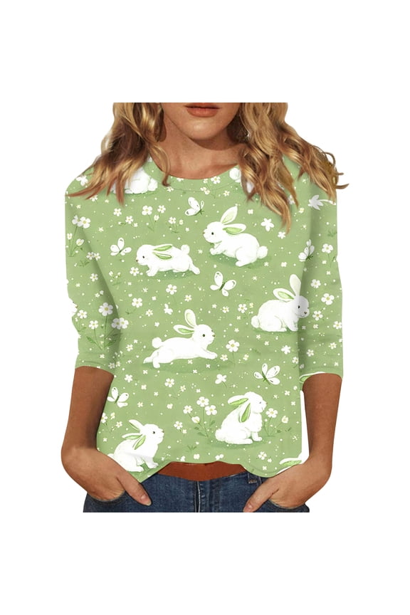 Easter Ladies Shirts Funny Crew Neck Spring Shirt Eggs Casual Bunny Clothing Plus Size 2026 3/4 Sleeve Tee Green M